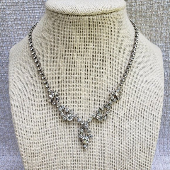 Vintage Clear Rhinestone Swag Drop Necklace 15" Choker - Picture 3 of 8